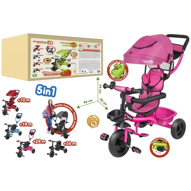 globo-giocattoli-triciclo-in-metallo-trasformabile-5-in-1-rosa image 1